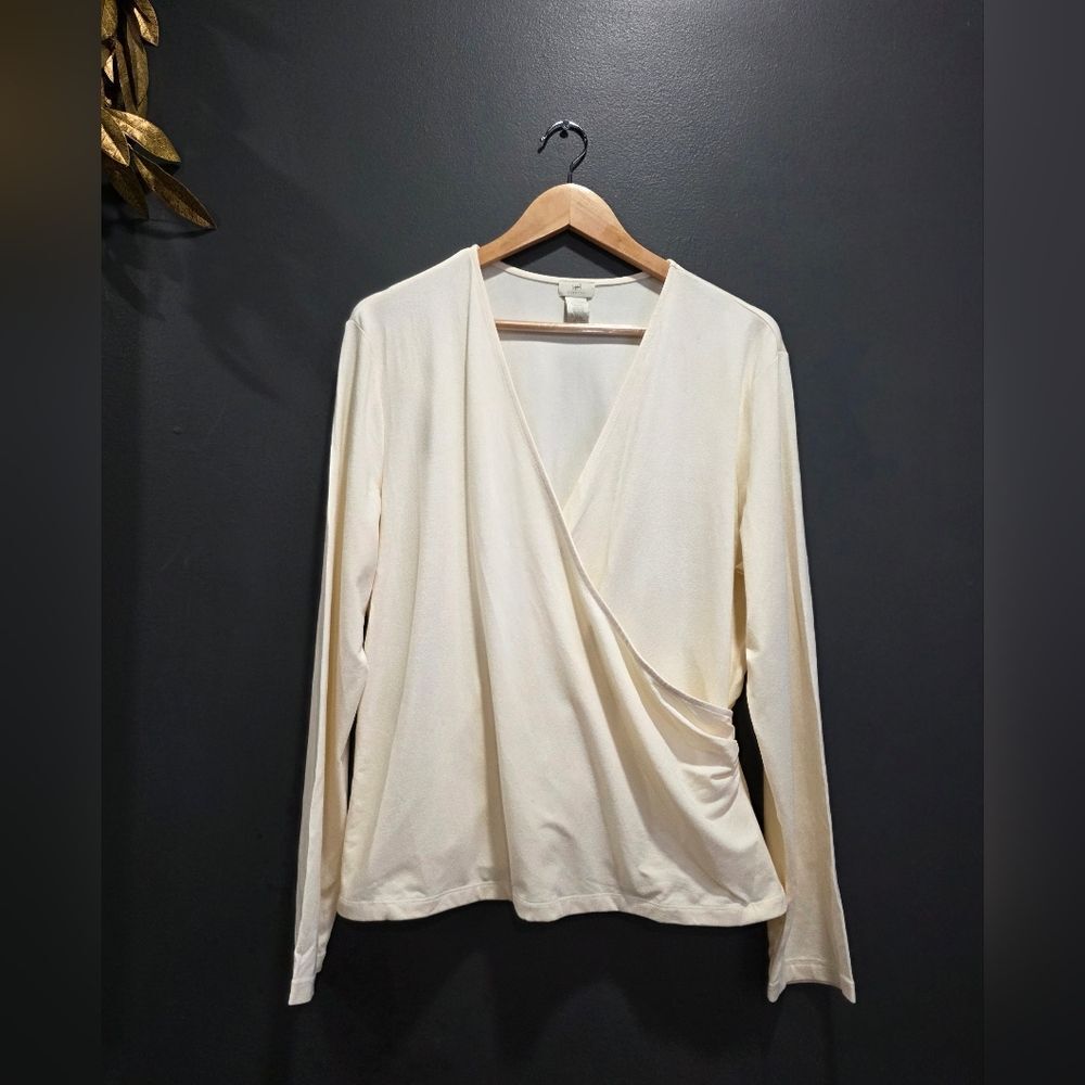 J. Jill Stretch Off White Ivory Wrap Front Long Sleeve Rayon Blend Top Sz XL